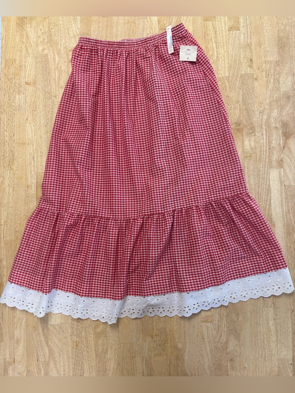 NWT Vintage Deadstock Russ Togs Red Gingham Tiered Maxi Skirt with Eyelet Trim